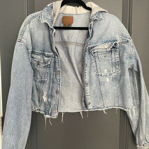 American Eagle Crop Jean Jacket With Hood Size Medium